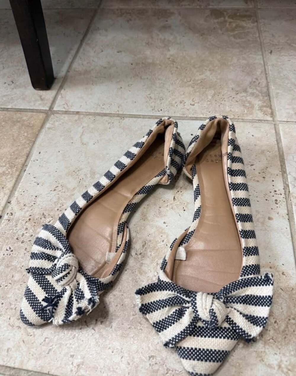 A New Day Black and White Striped Pointed Toe Bow Flats